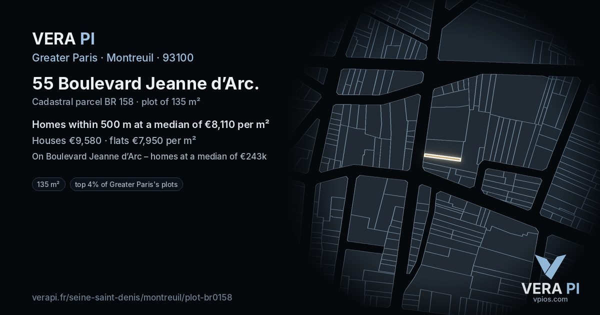 55 Boulevard Jeanne d’Arc, Montreuil at night – the plot lit, the parcels around coloured by the prices near them