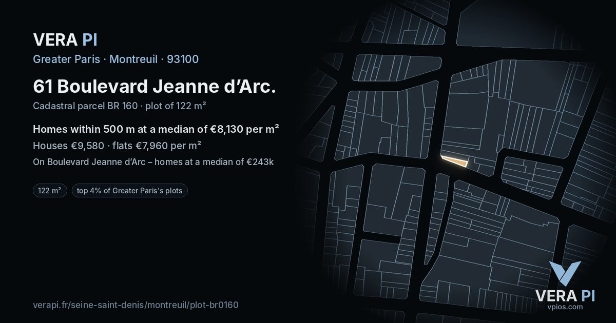 61 Boulevard Jeanne d’Arc, Montreuil at night – the plot lit, the parcels around coloured by the prices near them