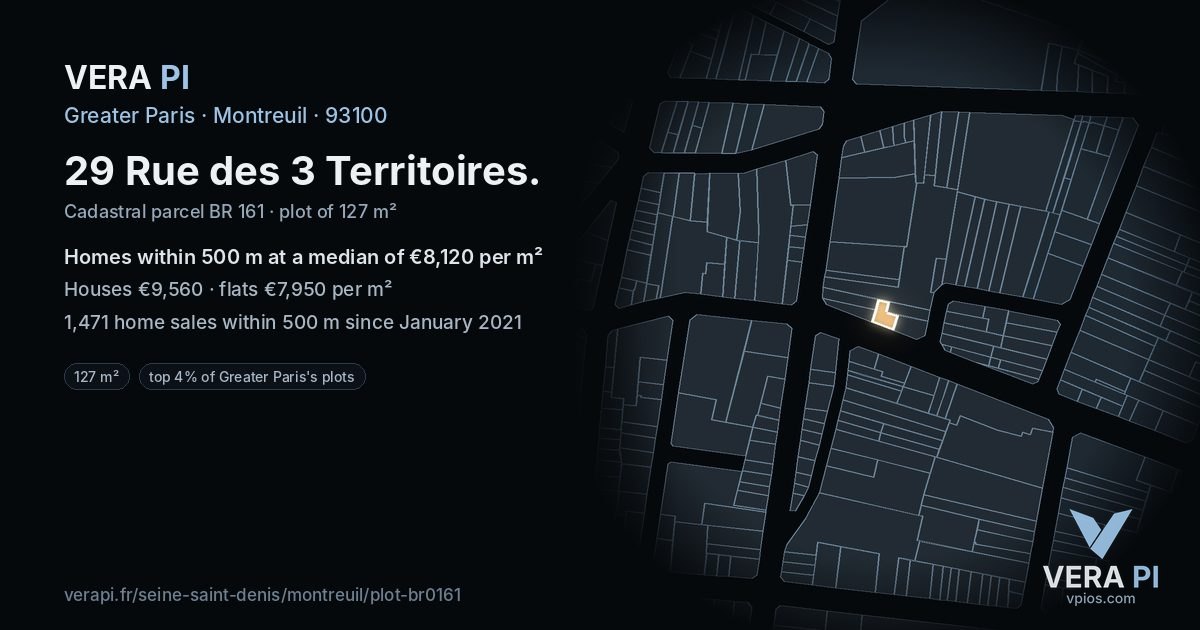 29 Rue des 3 Territoires, Montreuil at night – the plot lit, the parcels around coloured by the prices near them