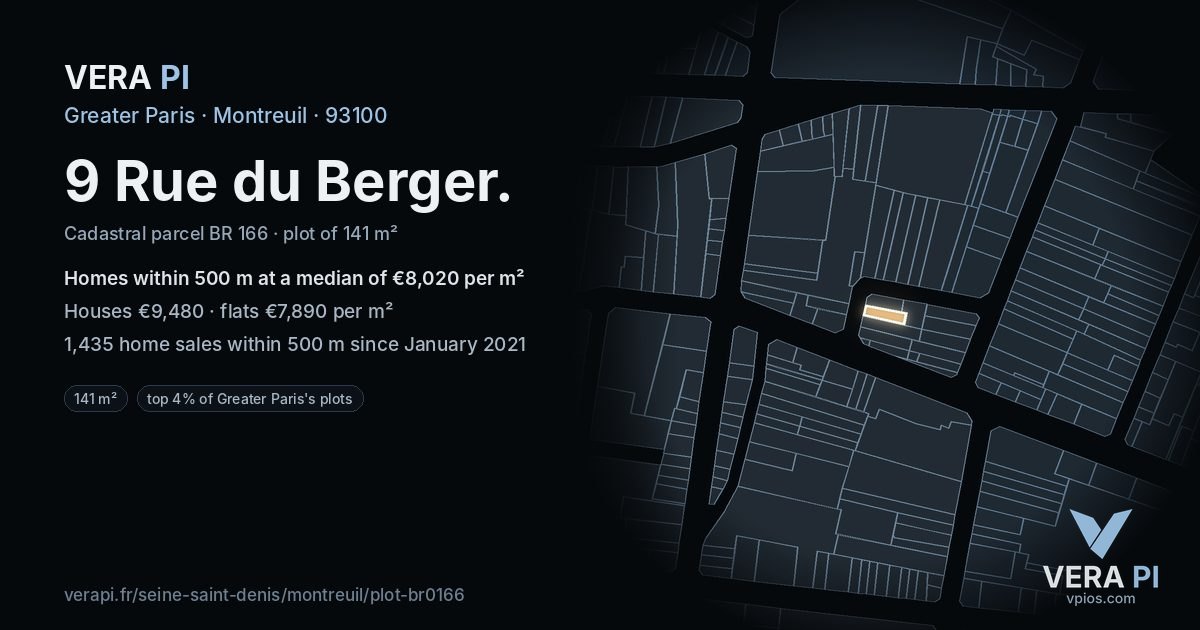 9 Rue du Berger, Montreuil at night – the plot lit, the parcels around coloured by the prices near them