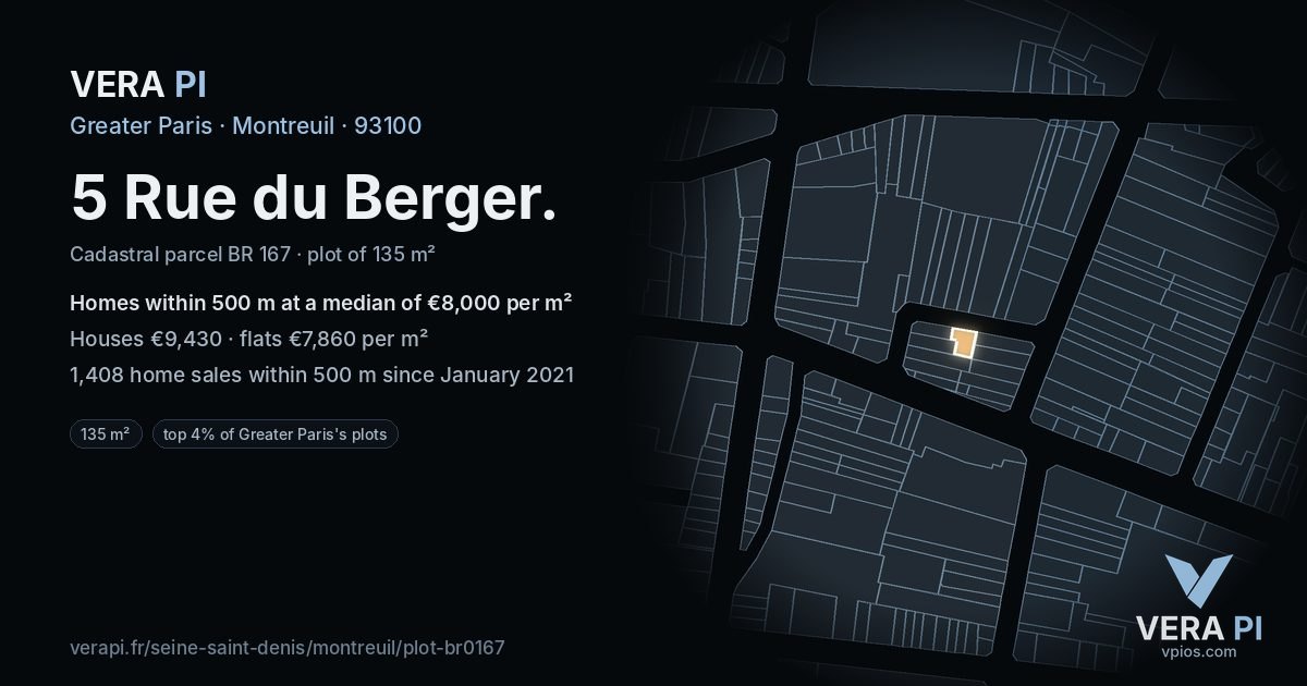 5 Rue du Berger, Montreuil at night – the plot lit, the parcels around coloured by the prices near them
