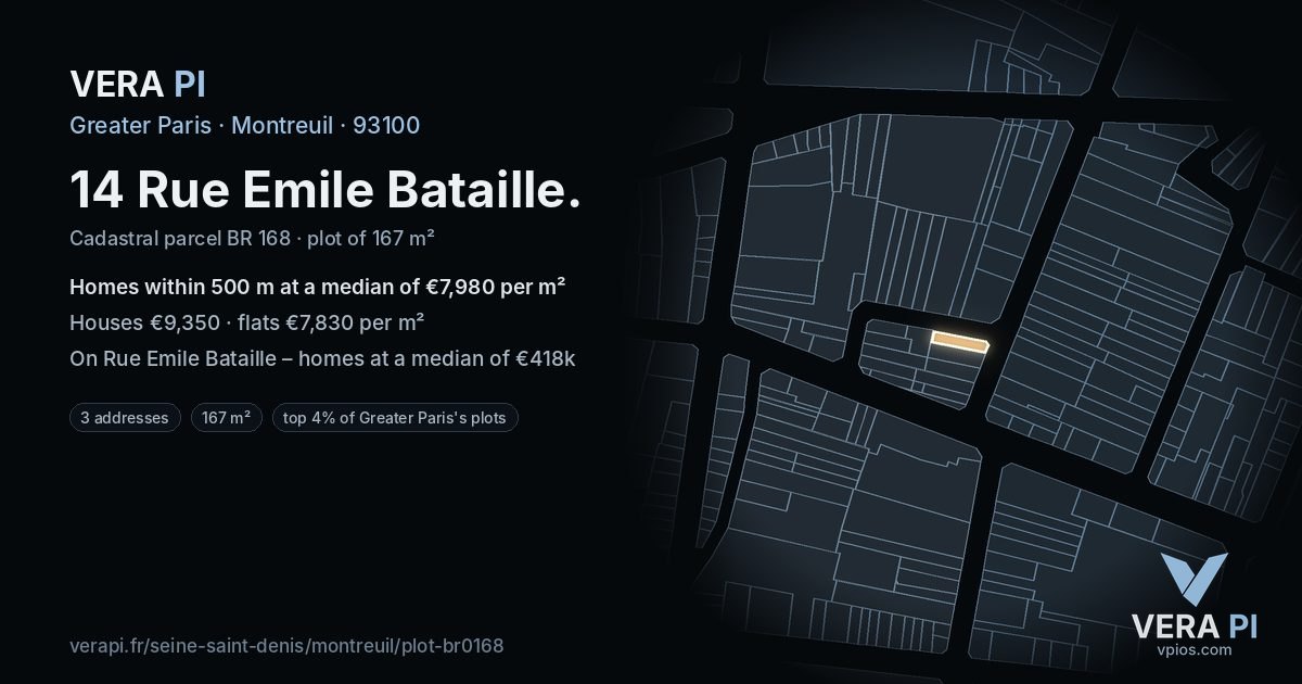 14 Rue Emile Bataille, Montreuil at night – the plot lit, the parcels around coloured by the prices near them