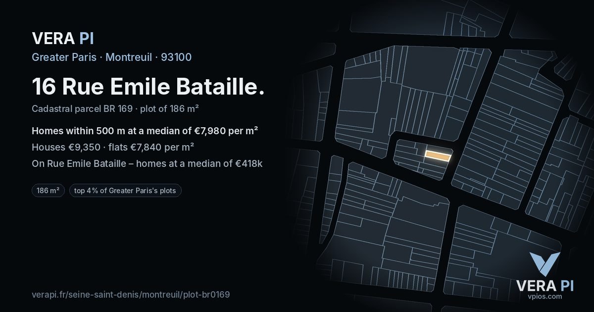 16 Rue Emile Bataille, Montreuil at night – the plot lit, the parcels around coloured by the prices near them