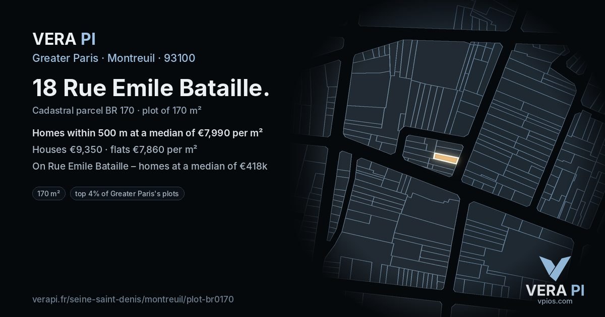 18 Rue Emile Bataille, Montreuil at night – the plot lit, the parcels around coloured by the prices near them