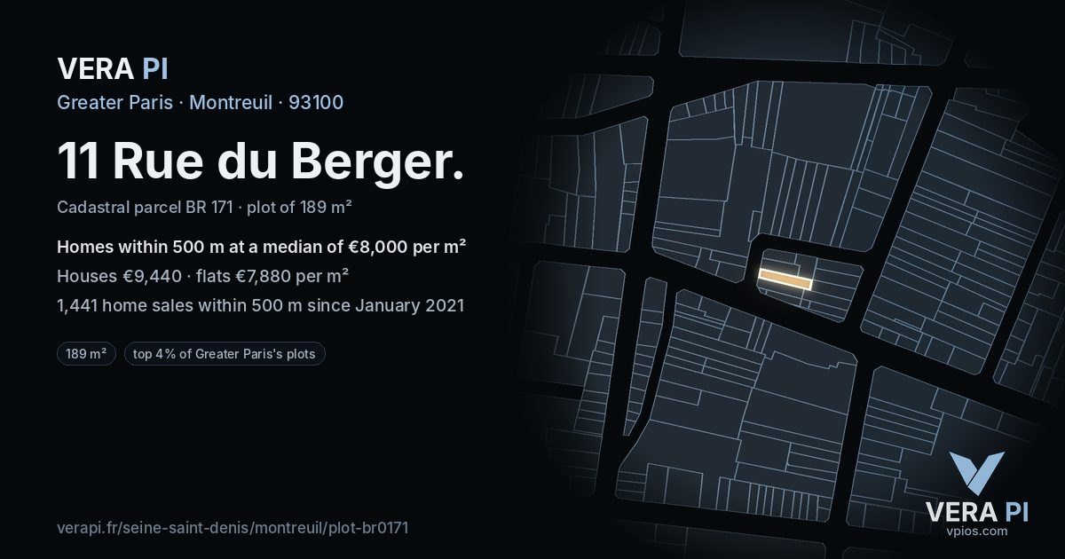 11 Rue du Berger, Montreuil at night – the plot lit, the parcels around coloured by the prices near them