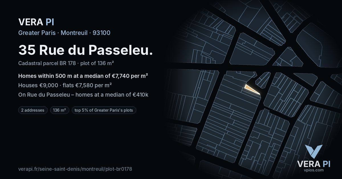 35 Rue du Passeleu, Montreuil at night – the plot lit, the parcels around coloured by the prices near them