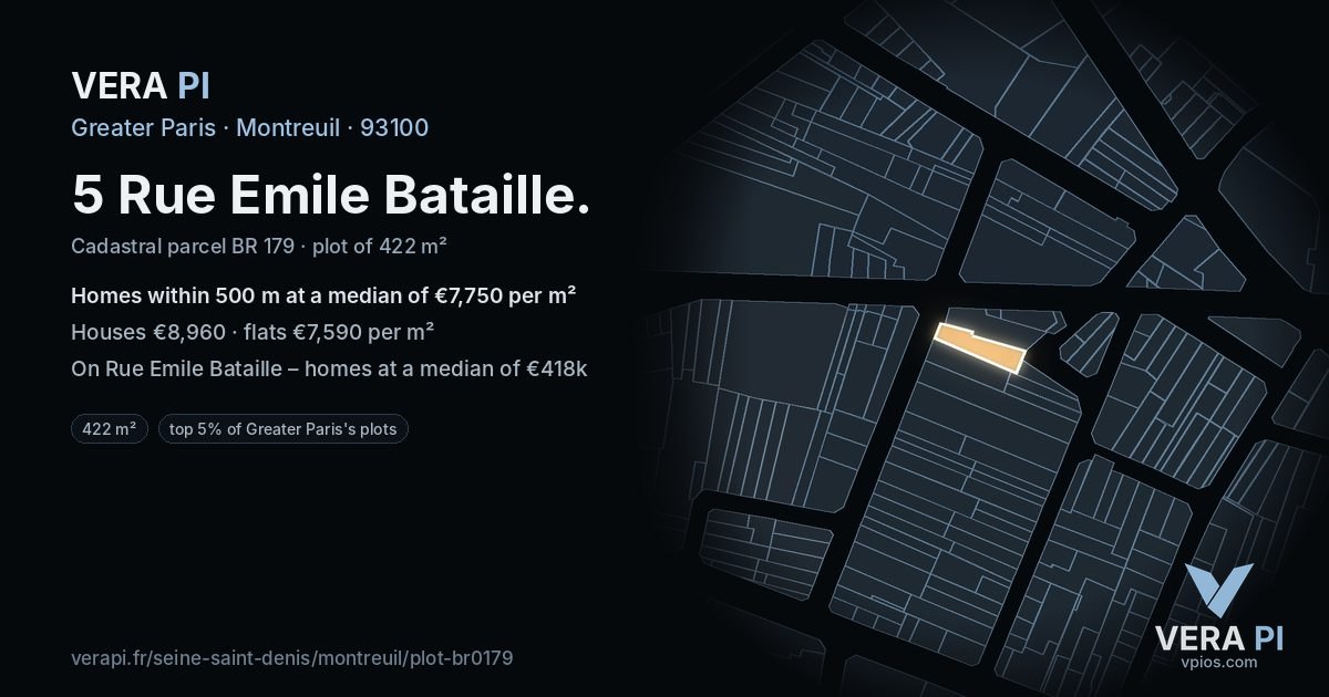 5 Rue Emile Bataille, Montreuil at night – the plot lit, the parcels around coloured by the prices near them