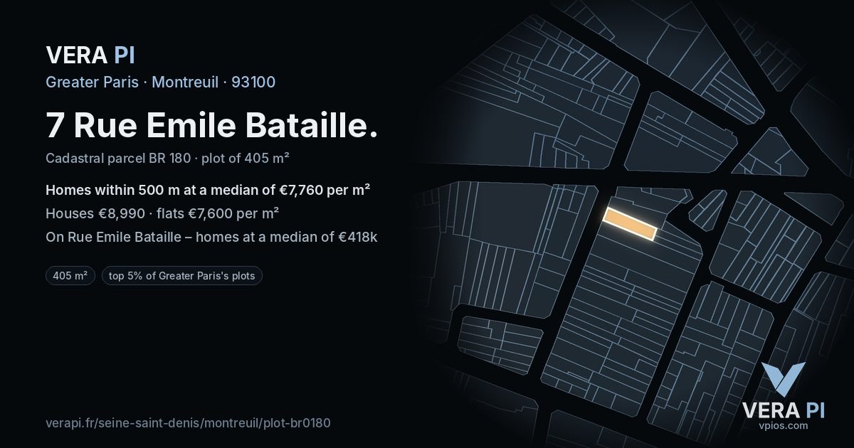 7 Rue Emile Bataille, Montreuil at night – the plot lit, the parcels around coloured by the prices near them