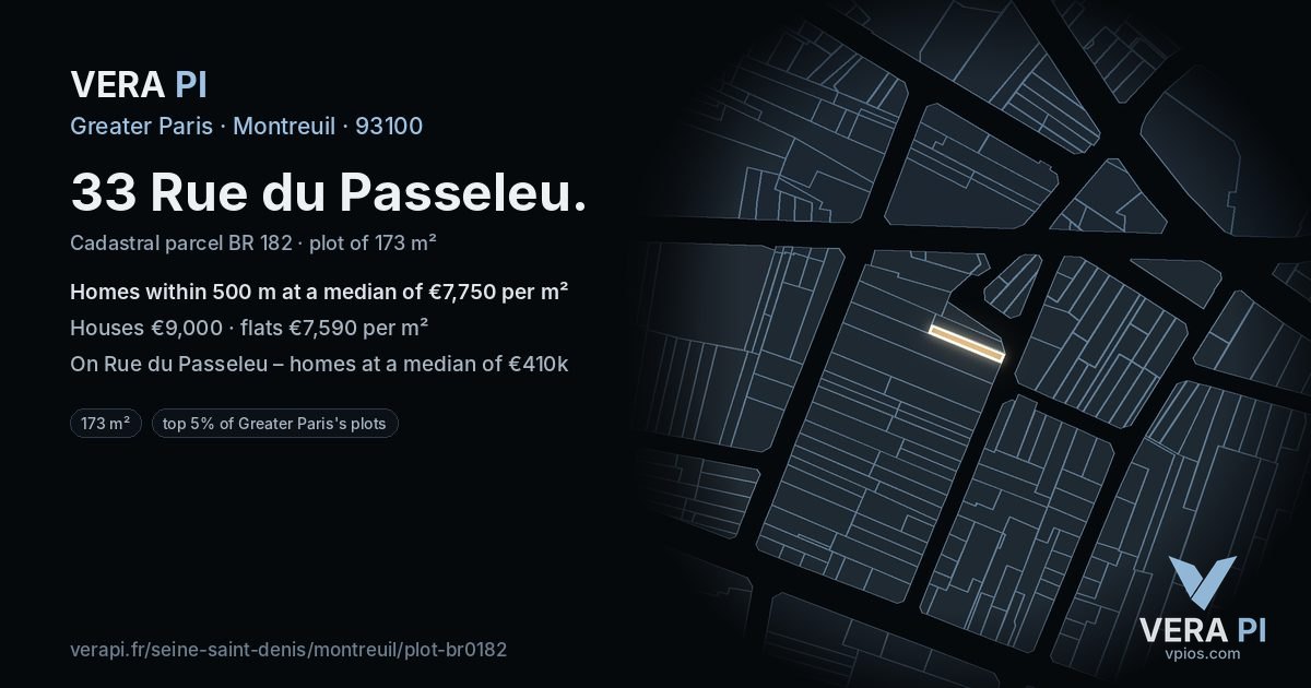 33 Rue du Passeleu, Montreuil at night – the plot lit, the parcels around coloured by the prices near them