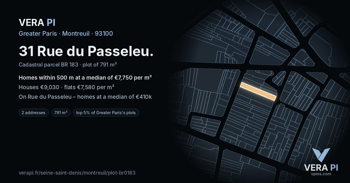 31 Rue du Passeleu, Montreuil at night – the plot lit, the parcels around coloured by the prices near them
