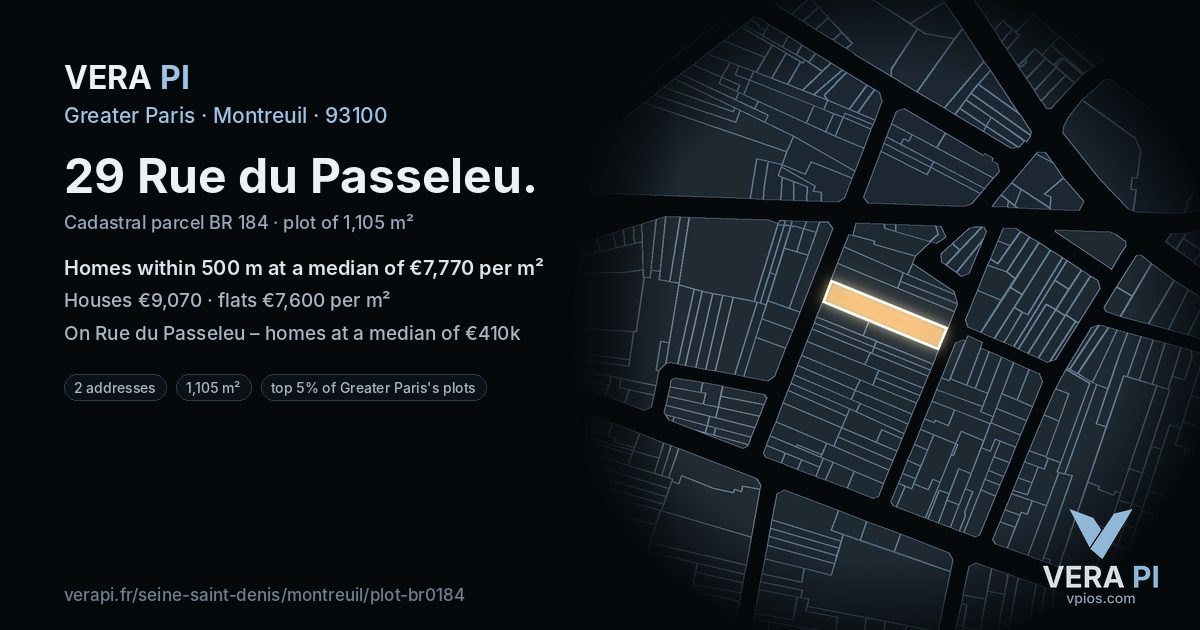 29 Rue du Passeleu, Montreuil at night – the plot lit, the parcels around coloured by the prices near them