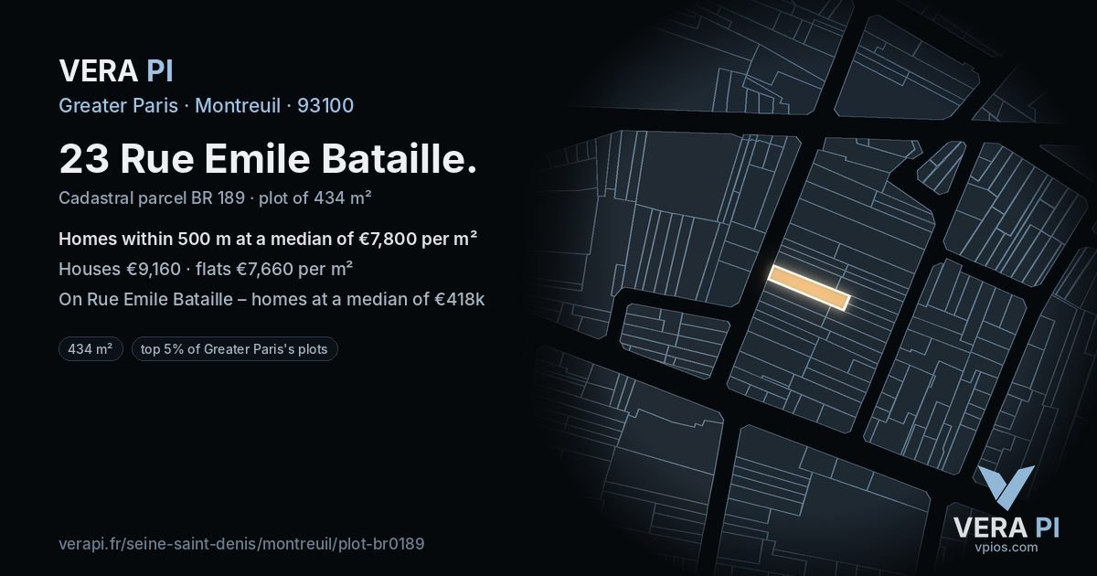 23 Rue Emile Bataille, Montreuil at night – the plot lit, the parcels around coloured by the prices near them
