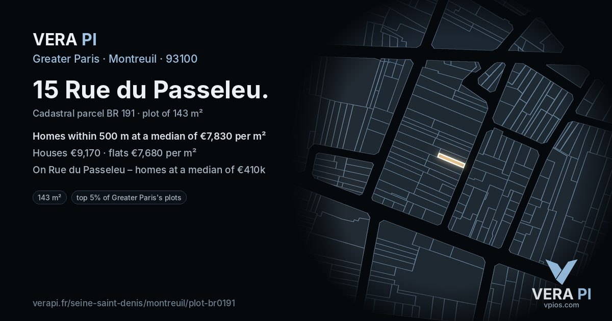 15 Rue du Passeleu, Montreuil at night – the plot lit, the parcels around coloured by the prices near them