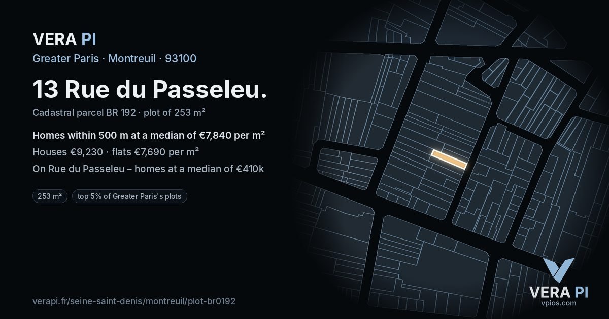 13 Rue du Passeleu, Montreuil at night – the plot lit, the parcels around coloured by the prices near them