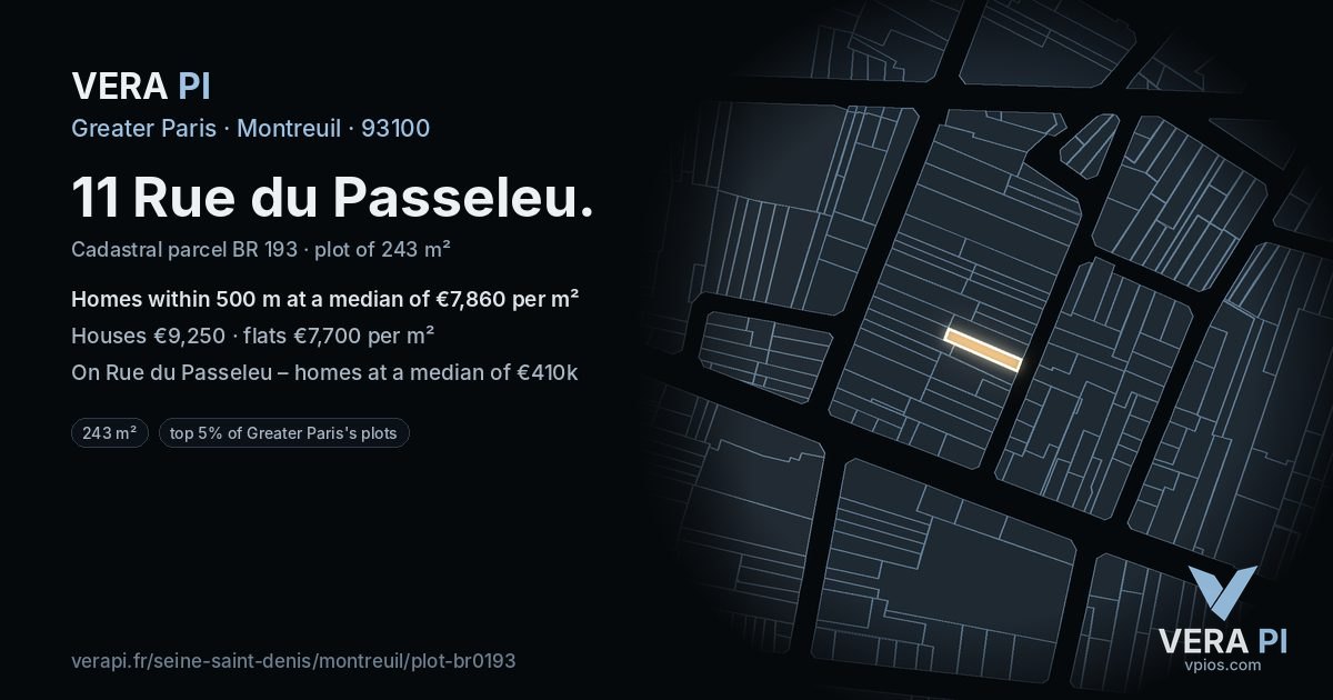 11 Rue du Passeleu, Montreuil at night – the plot lit, the parcels around coloured by the prices near them