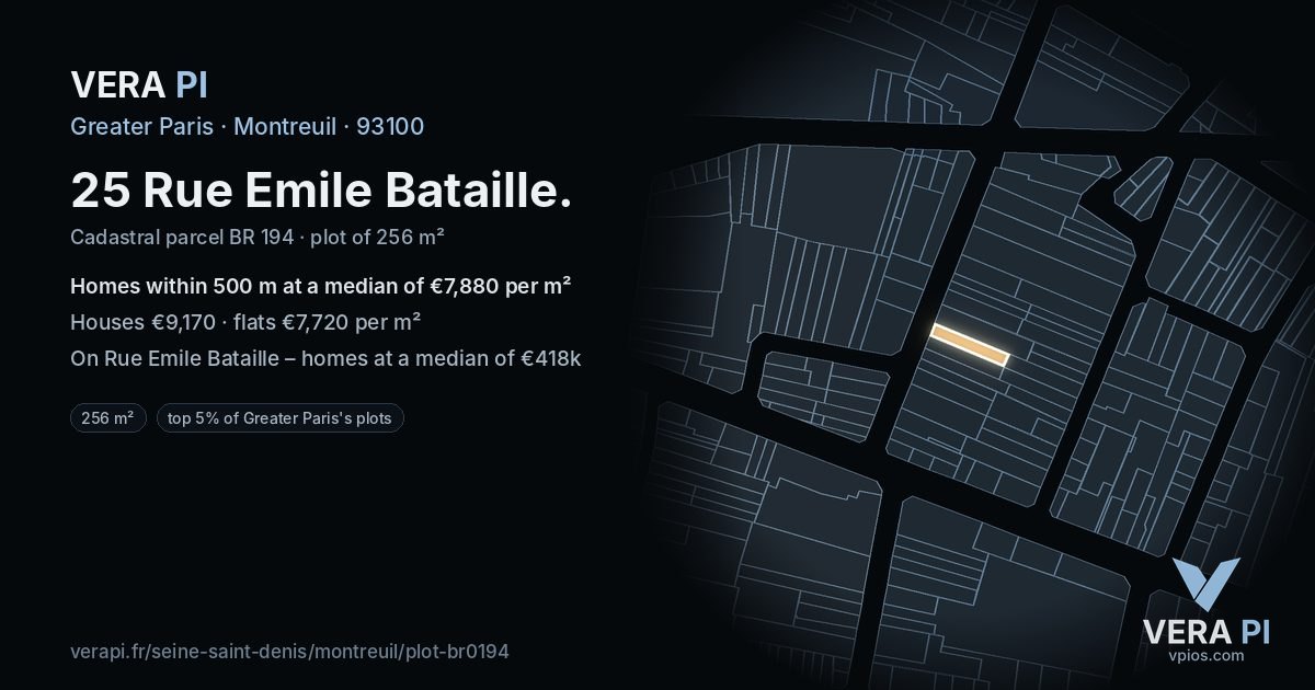 25 Rue Emile Bataille, Montreuil at night – the plot lit, the parcels around coloured by the prices near them