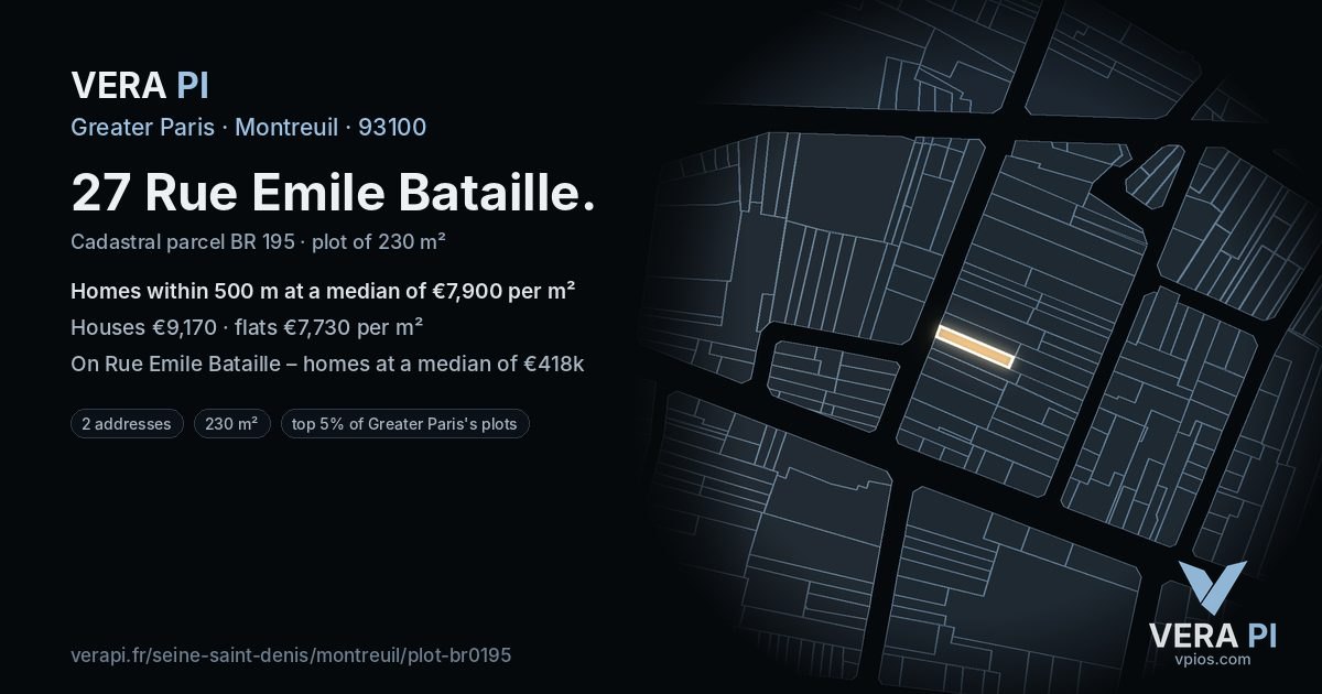 27 Rue Emile Bataille, Montreuil at night – the plot lit, the parcels around coloured by the prices near them