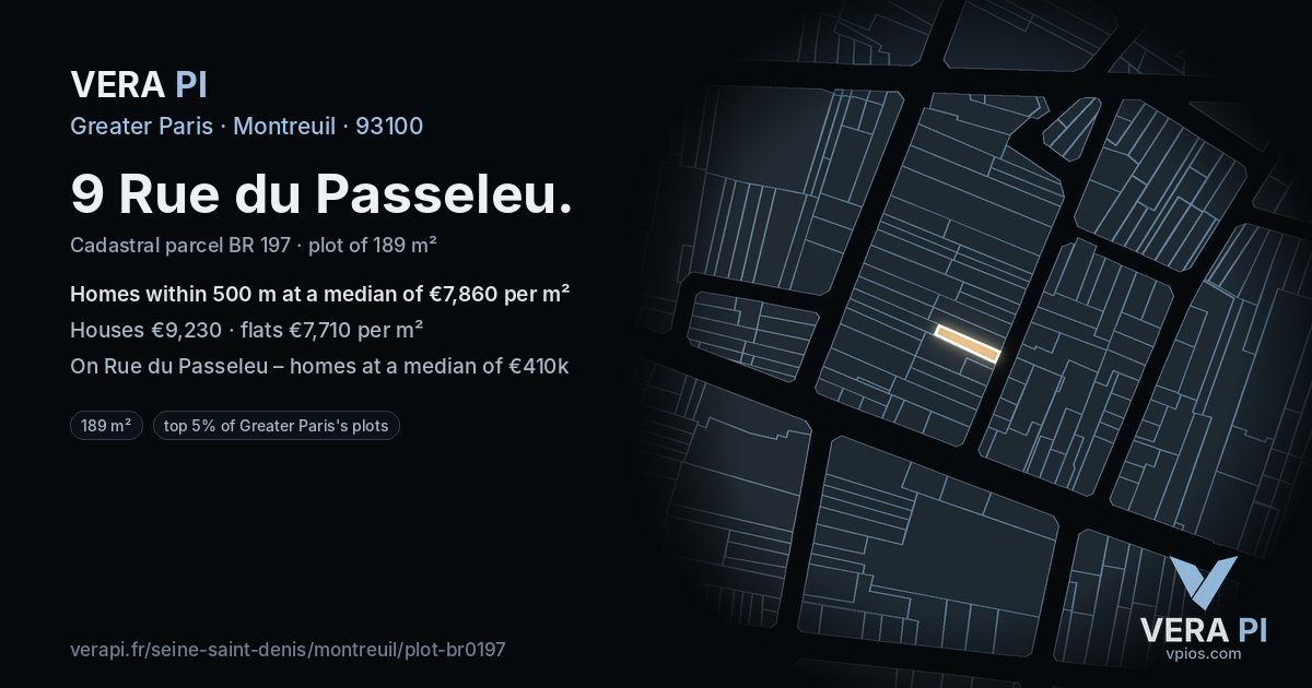 9 Rue du Passeleu, Montreuil at night – the plot lit, the parcels around coloured by the prices near them