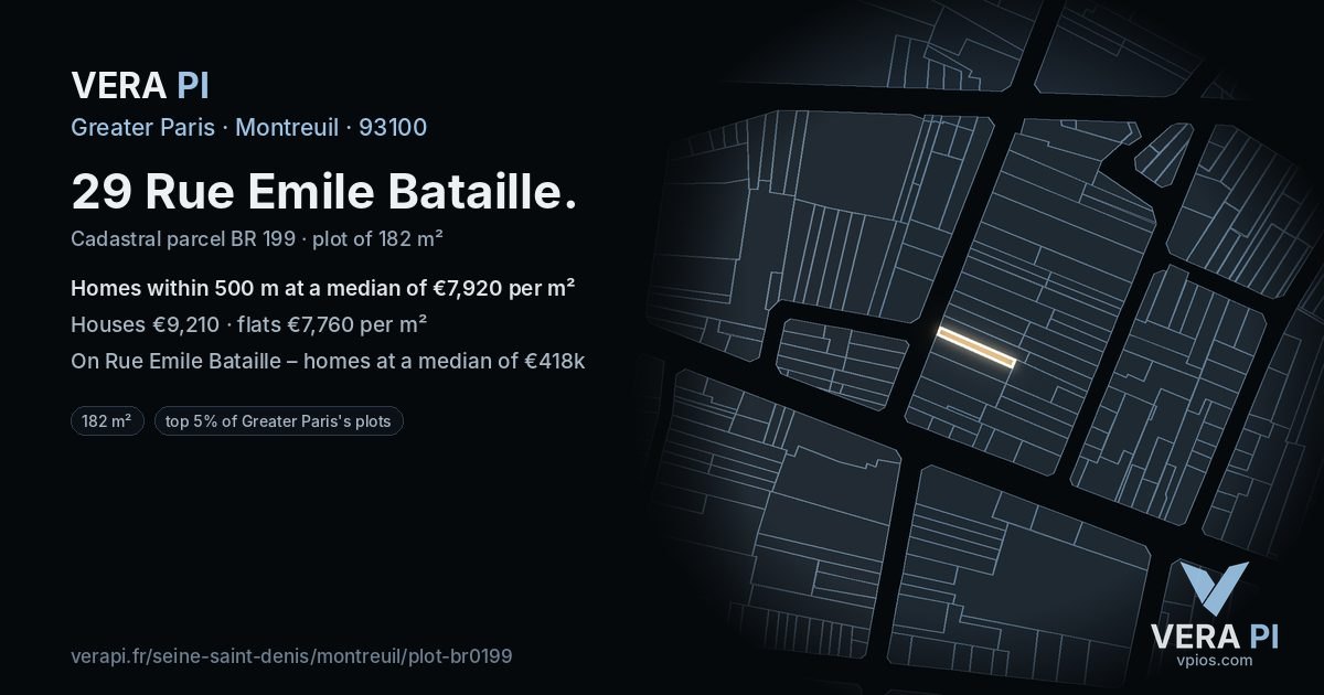 29 Rue Emile Bataille, Montreuil at night – the plot lit, the parcels around coloured by the prices near them
