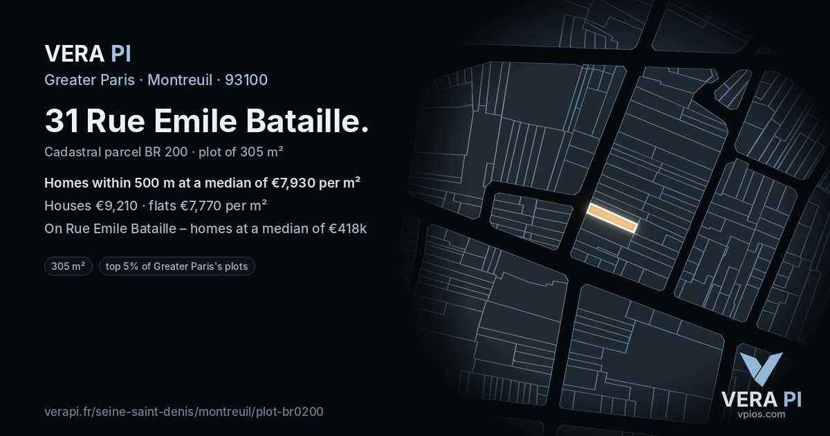 31 Rue Emile Bataille, Montreuil at night – the plot lit, the parcels around coloured by the prices near them