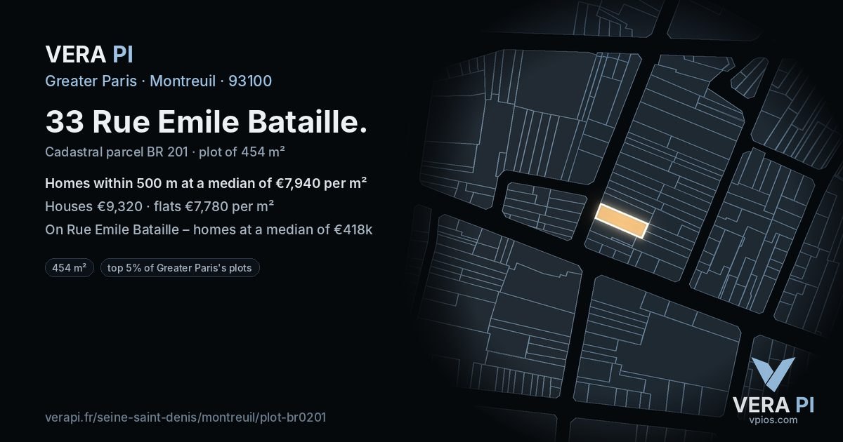 33 Rue Emile Bataille, Montreuil at night – the plot lit, the parcels around coloured by the prices near them