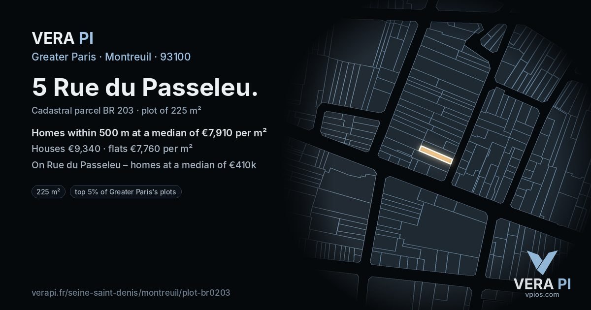 5 Rue du Passeleu, Montreuil at night – the plot lit, the parcels around coloured by the prices near them