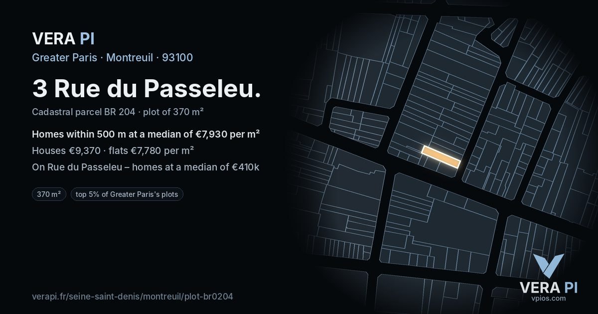 3 Rue du Passeleu, Montreuil at night – the plot lit, the parcels around coloured by the prices near them