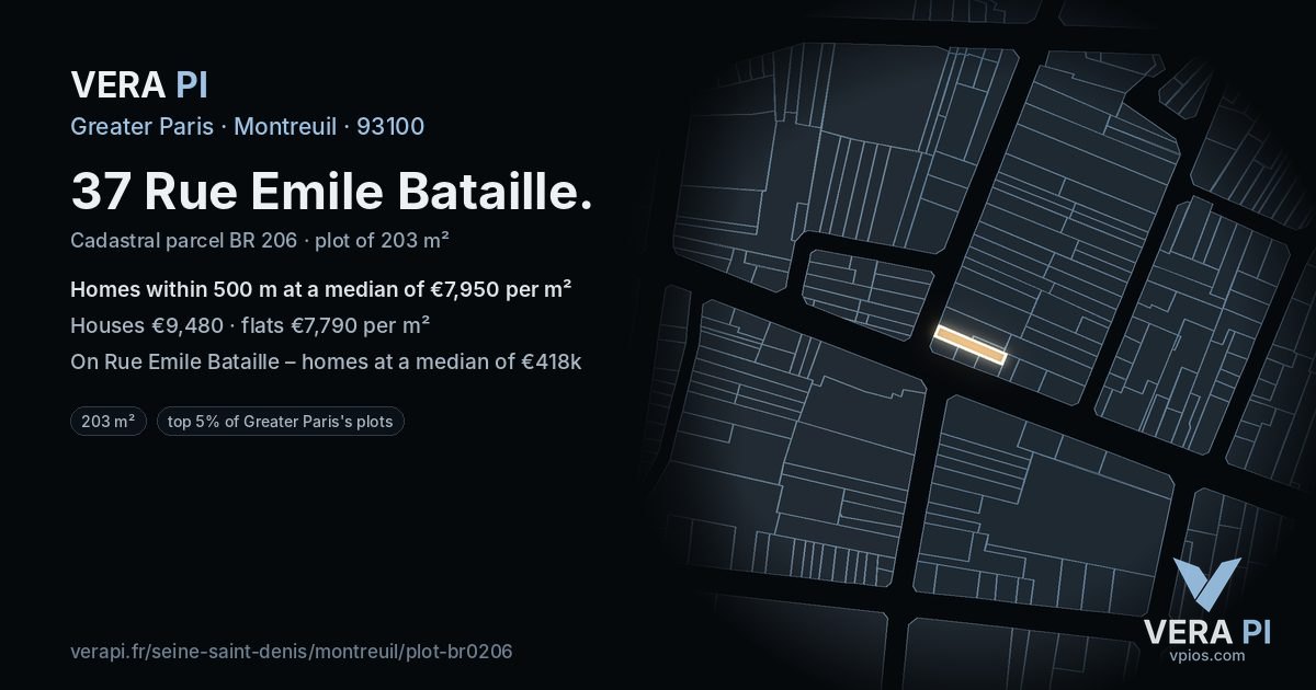 37 Rue Emile Bataille, Montreuil at night – the plot lit, the parcels around coloured by the prices near them
