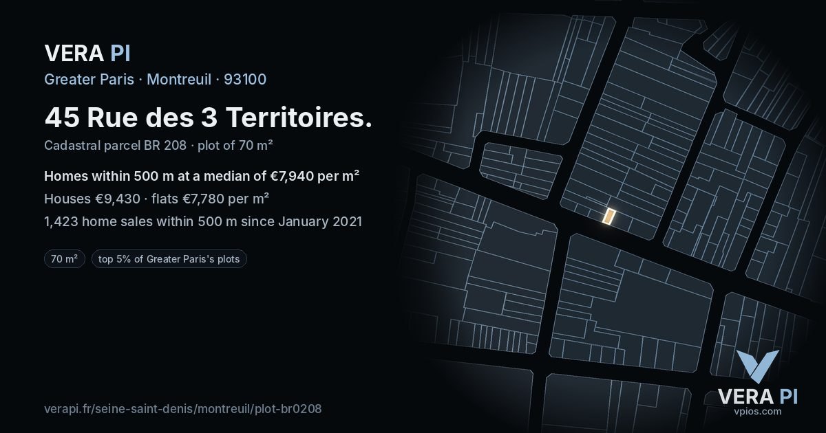 45 Rue des 3 Territoires, Montreuil at night – the plot lit, the parcels around coloured by the prices near them