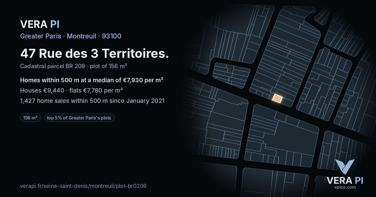 47 Rue des 3 Territoires, Montreuil at night – the plot lit, the parcels around coloured by the prices near them