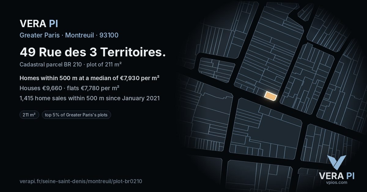 49 Rue des 3 Territoires, Montreuil at night – the plot lit, the parcels around coloured by the prices near them