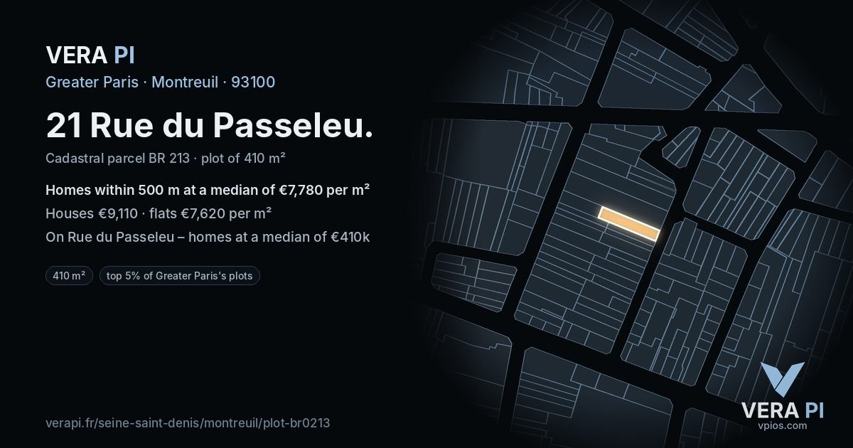 21 Rue du Passeleu, Montreuil at night – the plot lit, the parcels around coloured by the prices near them