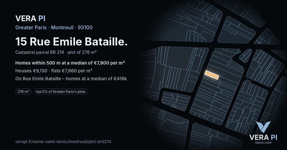15 Rue Emile Bataille, Montreuil at night – the plot lit, the parcels around coloured by the prices near them