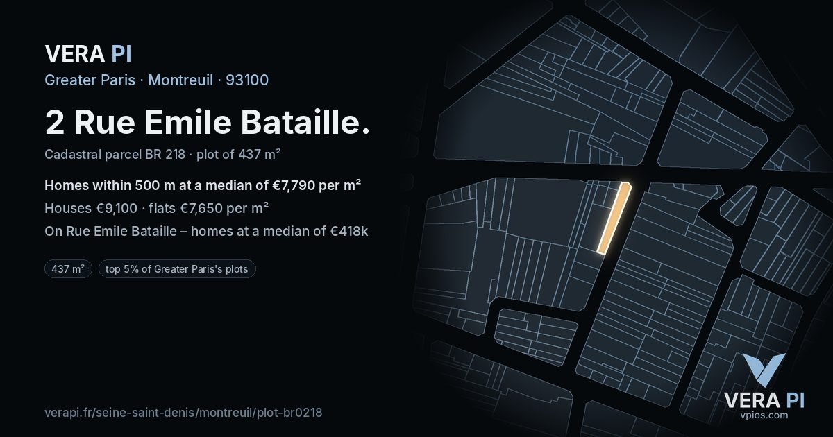 2 Rue Emile Bataille, Montreuil at night – the plot lit, the parcels around coloured by the prices near them