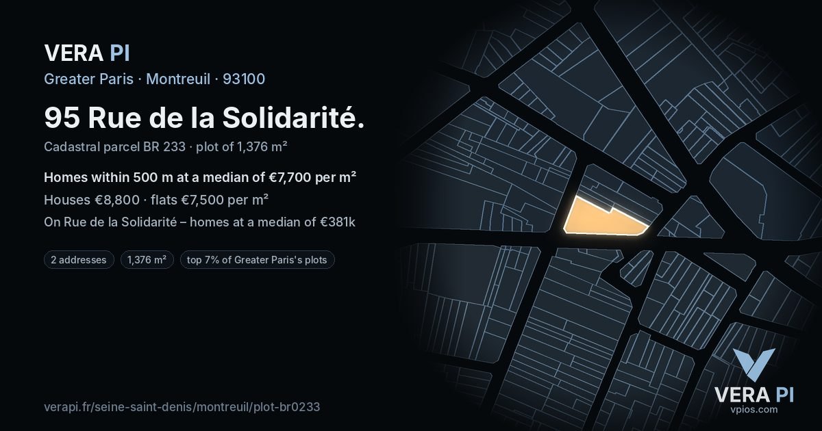 95 Rue de la Solidarité, Montreuil at night – the plot lit, the parcels around coloured by the prices near them