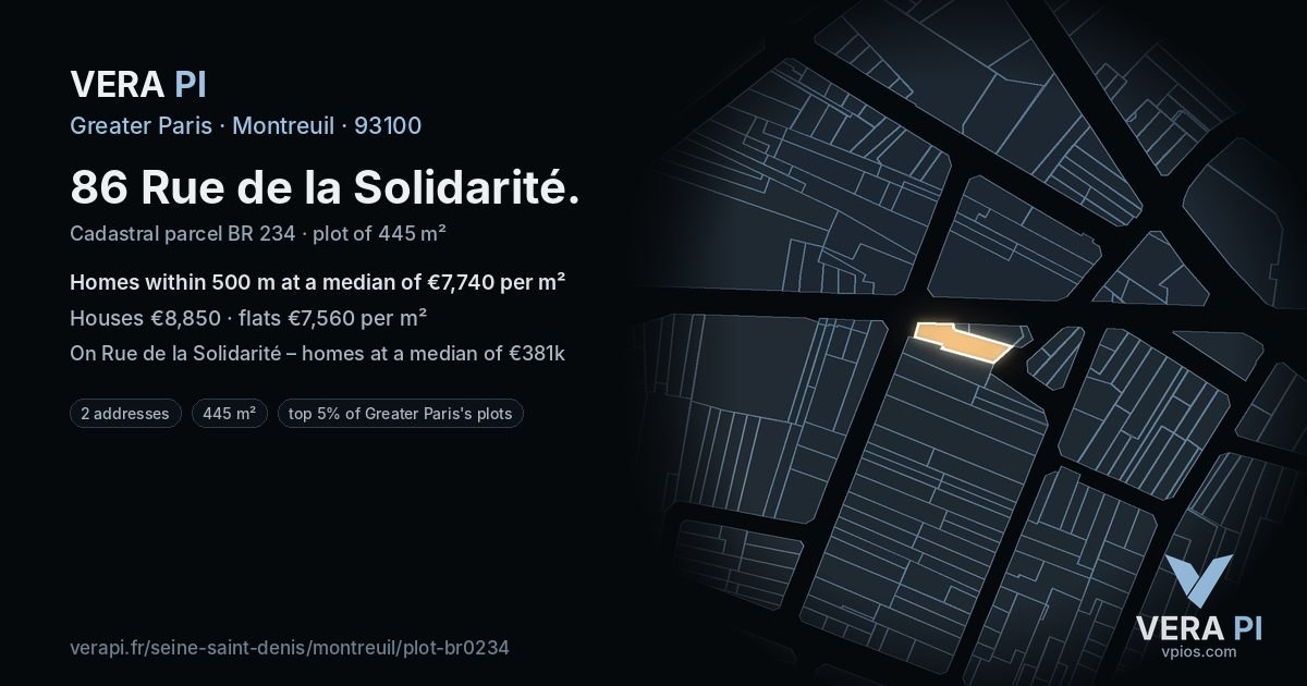 86 Rue de la Solidarité, Montreuil at night – the plot lit, the parcels around coloured by the prices near them