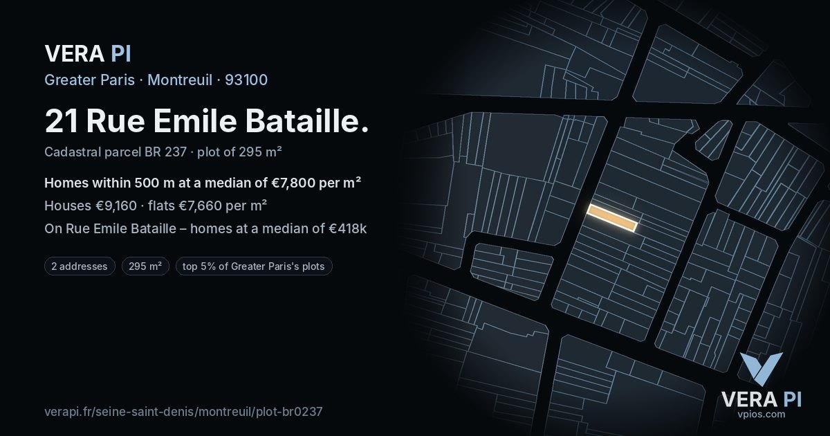 21 Rue Emile Bataille, Montreuil at night – the plot lit, the parcels around coloured by the prices near them