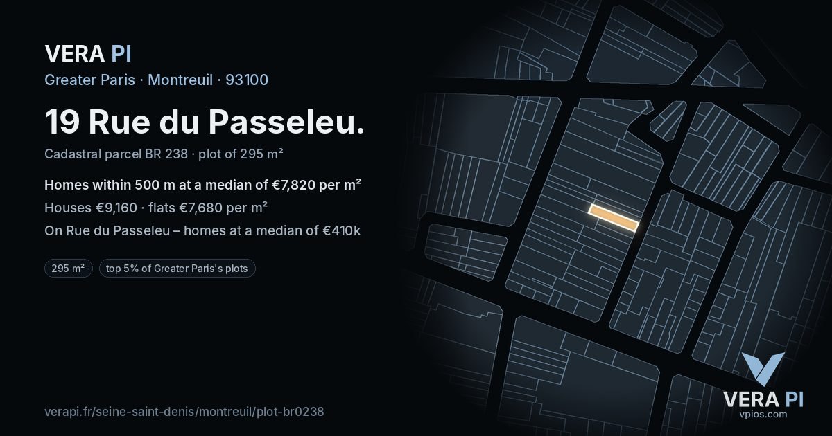 19 Rue du Passeleu, Montreuil at night – the plot lit, the parcels around coloured by the prices near them