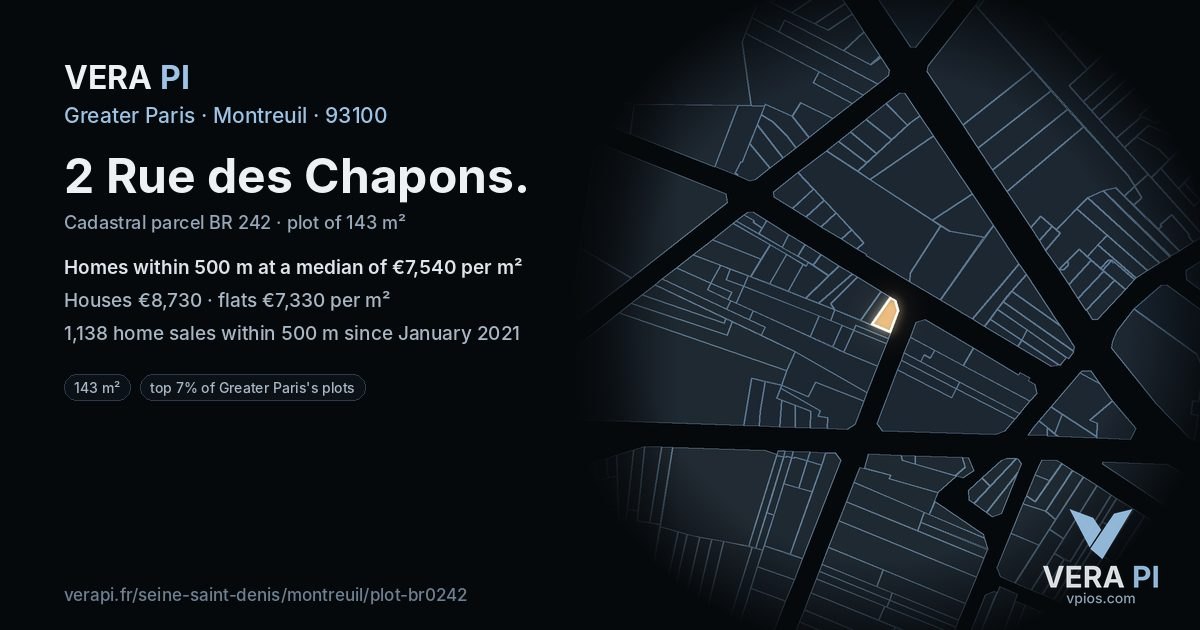 2 Rue des Chapons, Montreuil at night – the plot lit, the parcels around coloured by the prices near them