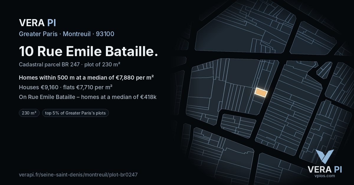 10 Rue Emile Bataille, Montreuil at night – the plot lit, the parcels around coloured by the prices near them