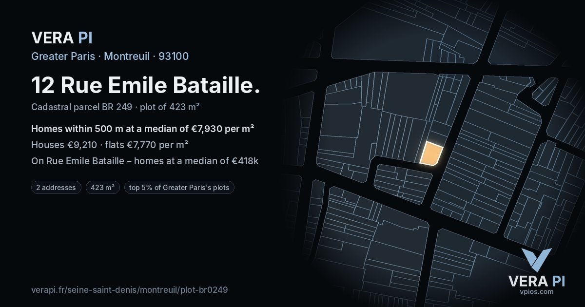 12 Rue Emile Bataille, Montreuil at night – the plot lit, the parcels around coloured by the prices near them