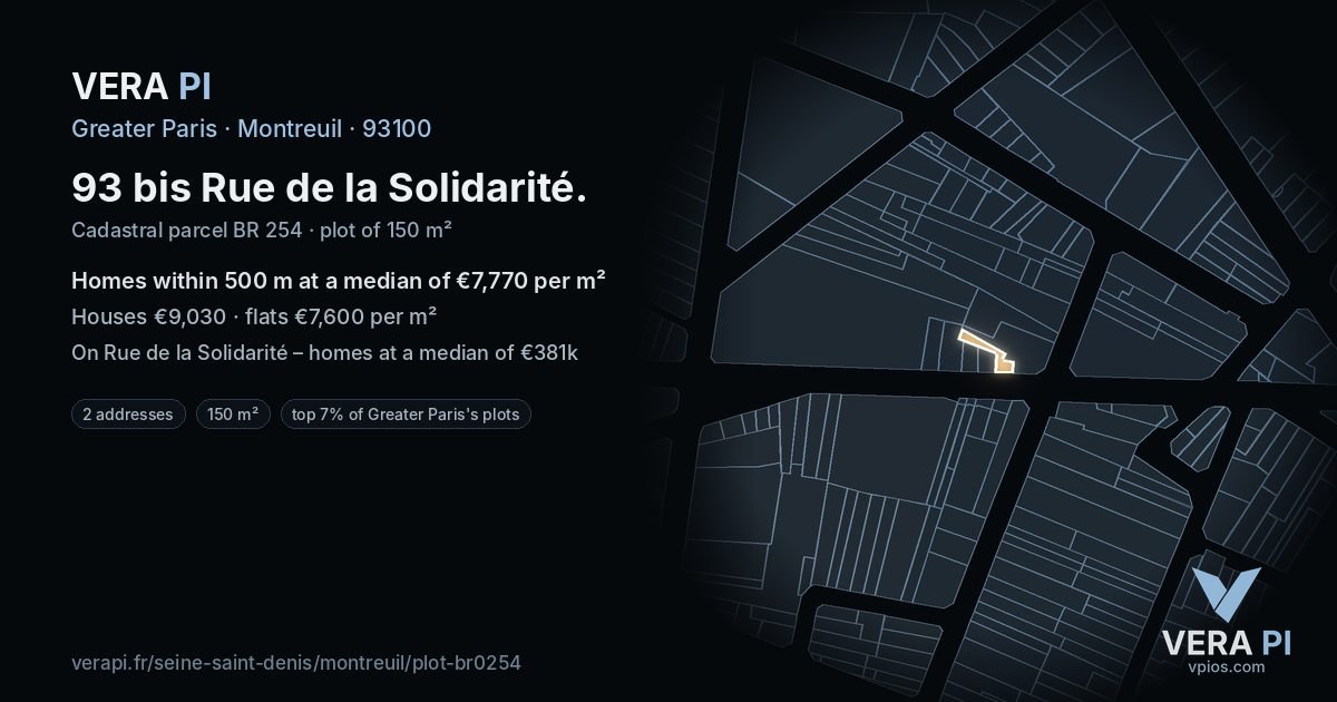 93 bis Rue de la Solidarité, Montreuil at night – the plot lit, the parcels around coloured by the prices near them