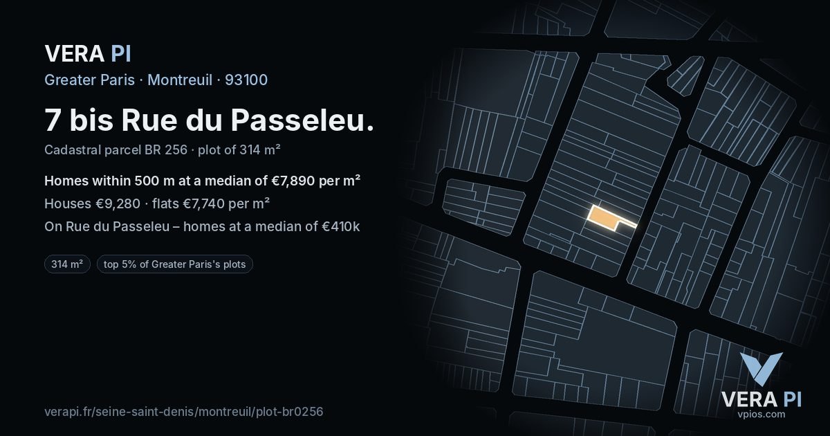 7 bis Rue du Passeleu, Montreuil at night – the plot lit, the parcels around coloured by the prices near them