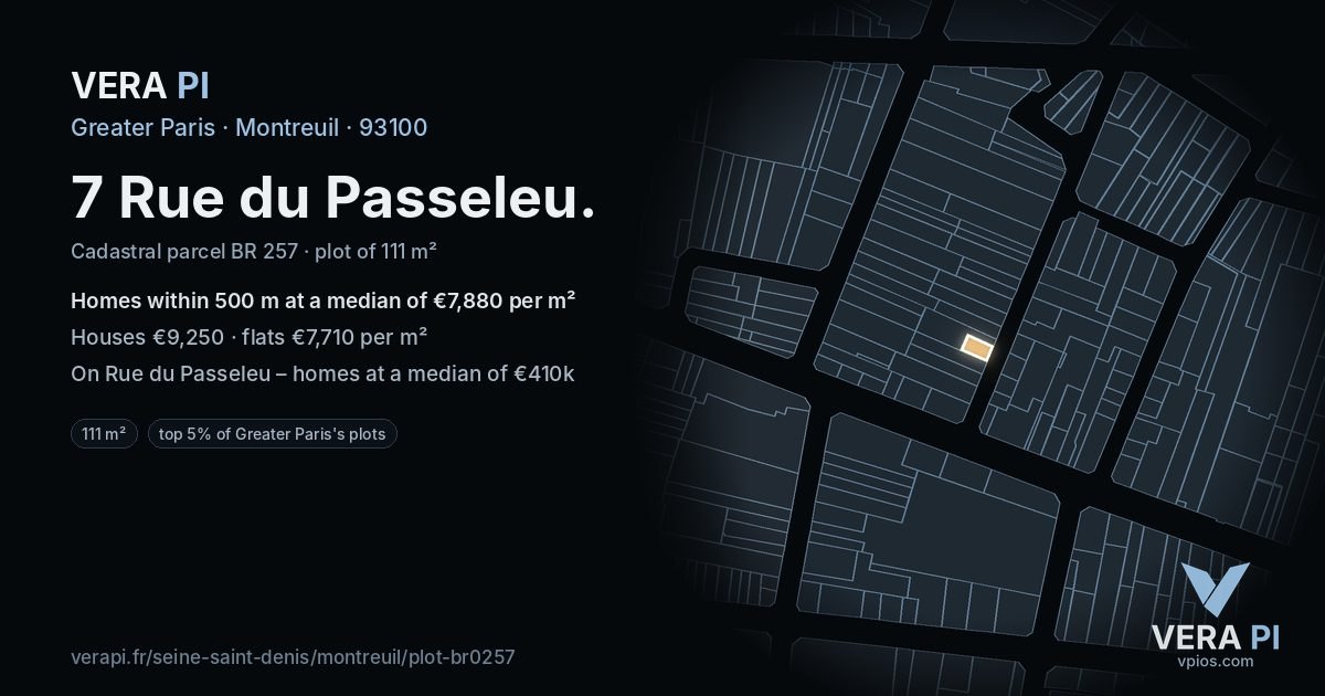 7 Rue du Passeleu, Montreuil at night – the plot lit, the parcels around coloured by the prices near them