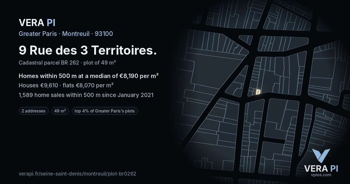 9 Rue des 3 Territoires, Montreuil at night – the plot lit, the parcels around coloured by the prices near them