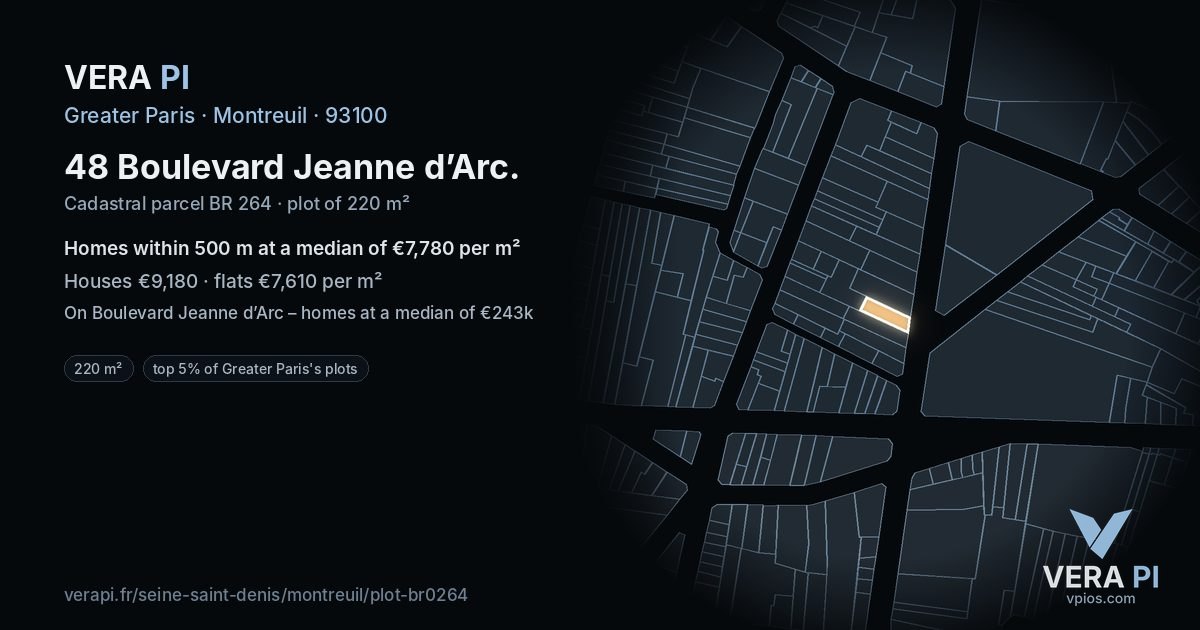 48 Boulevard Jeanne d’Arc, Montreuil at night – the plot lit, the parcels around coloured by the prices near them