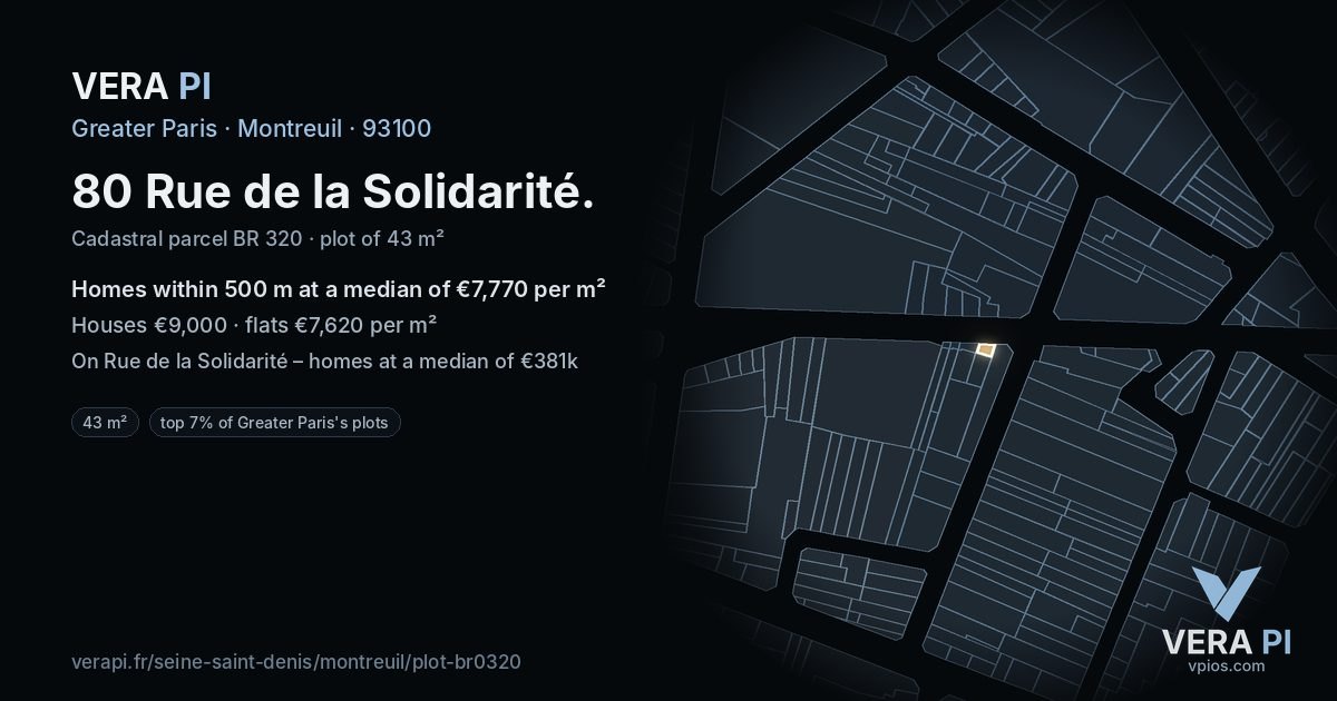 80 Rue de la Solidarité, Montreuil at night – the plot lit, the parcels around coloured by the prices near them