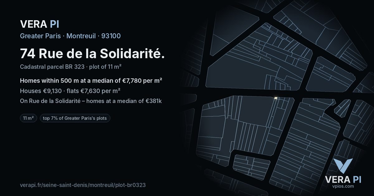 74 Rue de la Solidarité, Montreuil at night – the plot lit, the parcels around coloured by the prices near them