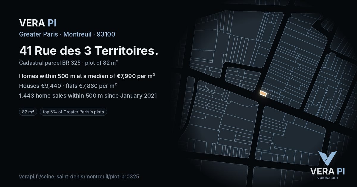 41 Rue des 3 Territoires, Montreuil at night – the plot lit, the parcels around coloured by the prices near them