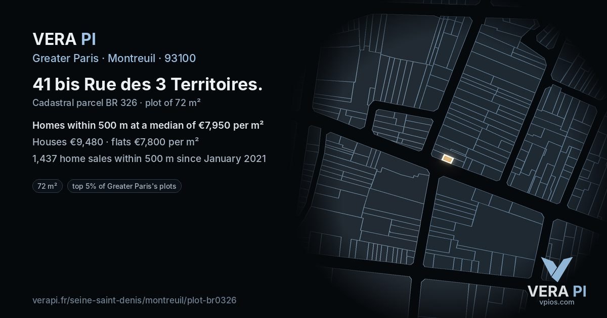 41 bis Rue des 3 Territoires, Montreuil at night – the plot lit, the parcels around coloured by the prices near them